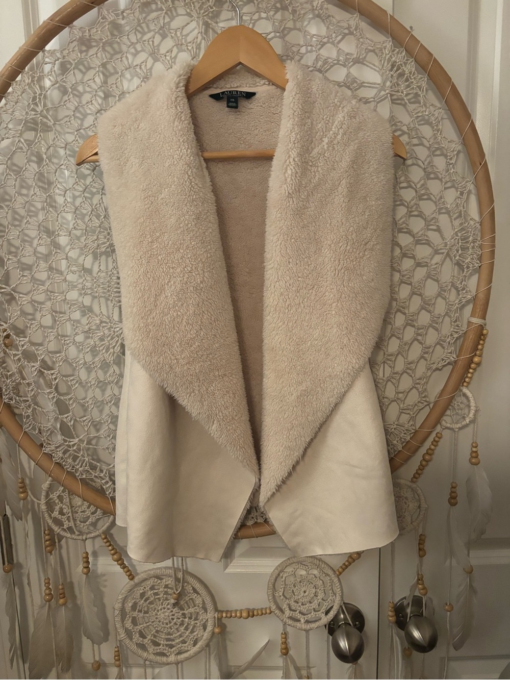 Lauren Ralph Lauren Cream Faux-Shearling Draped Vest Size Extra-Small A00395